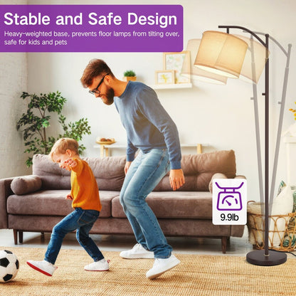 63 Arched Floor Lamp Brown Linen Fabric Lamp Shade for Living Room