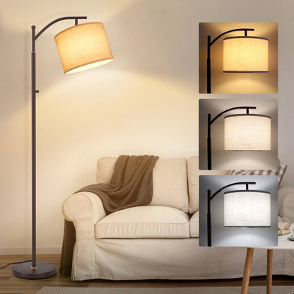 63 Arched Floor Lamp Brown Linen Fabric Lamp Shade for Living Room