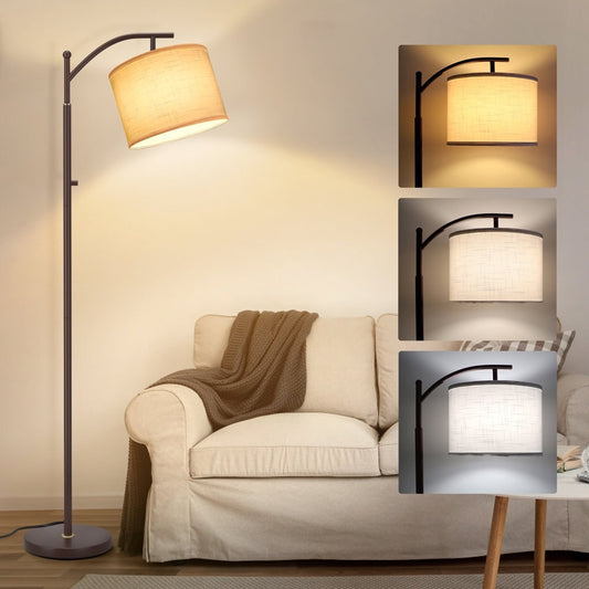 63 Arched Floor Lamp Brown Linen Fabric Lamp Shade for Living Room