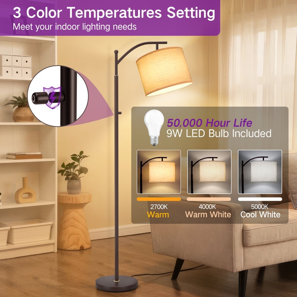 63 Arched Floor Lamp Brown Linen Fabric Lamp Shade for Living Room