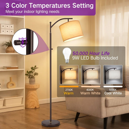 63 Arched Floor Lamp Brown Linen Fabric Lamp Shade for Living Room