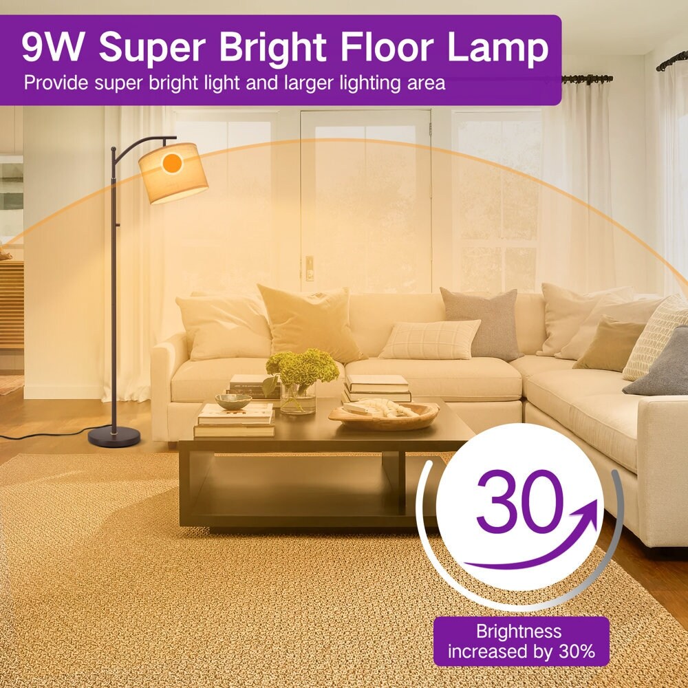 63 Arched Floor Lamp Brown Linen Fabric Lamp Shade for Living Room