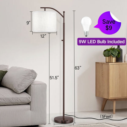 63 Arched Floor Lamp Brown Linen Fabric Lamp Shade for Living Room