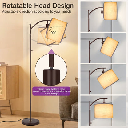 63 Arched Floor Lamp Brown Linen Fabric Lamp Shade for Living Room