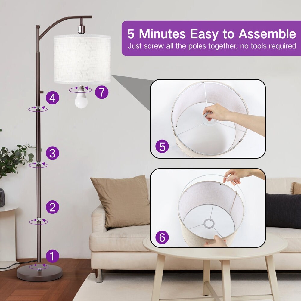 63 Arched Floor Lamp Brown Linen Fabric Lamp Shade for Living Room