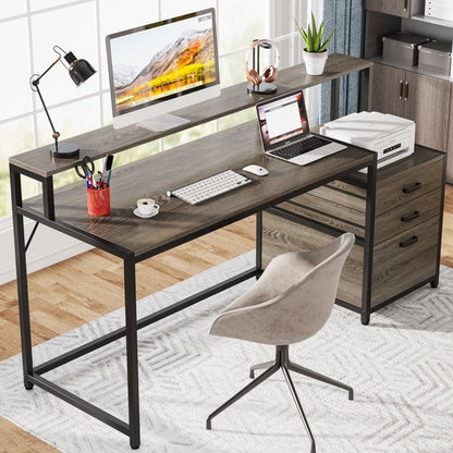 63 Computer Desk with Monitor Stand, Ergonomic Home Office Desks with Drawers File Cabinet