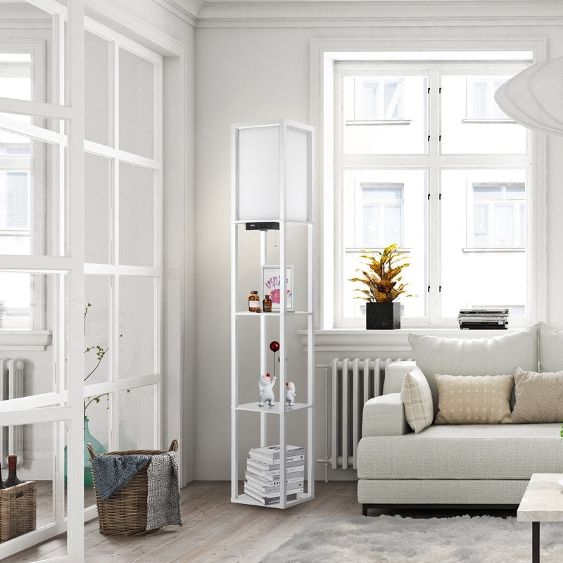 63 Floor Lamp with Shelves - Living Room Light with Wooden Storage Shelves