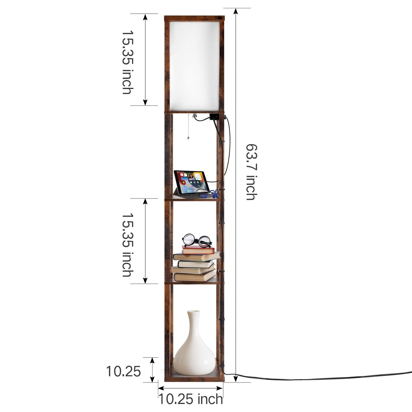 63 Floor Lamp with Shelves - Living Room Light with Wooden Storage Shelves