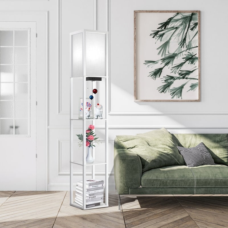 63 Floor Lamp with Shelves - Living Room Light with Wooden Storage Shelves
