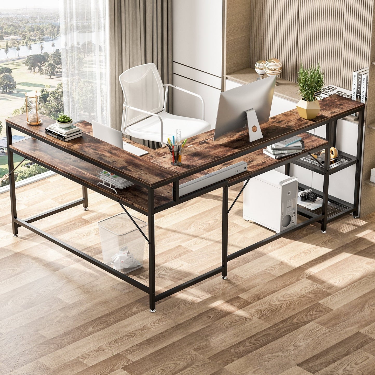 L Shaped Desk with Monitor Shelf, Reversible Corner Computer Desk for Office Home 69