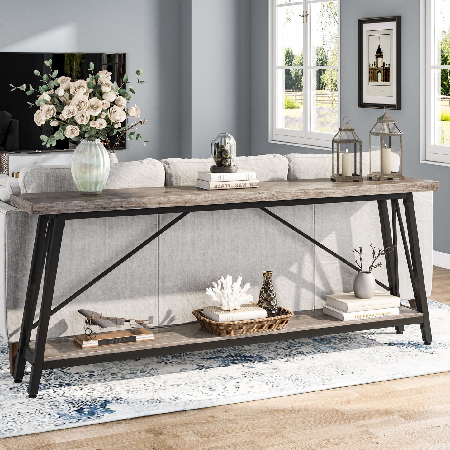70.9 Inch Extra Long Sofa Table, Industrial Entry Console Table