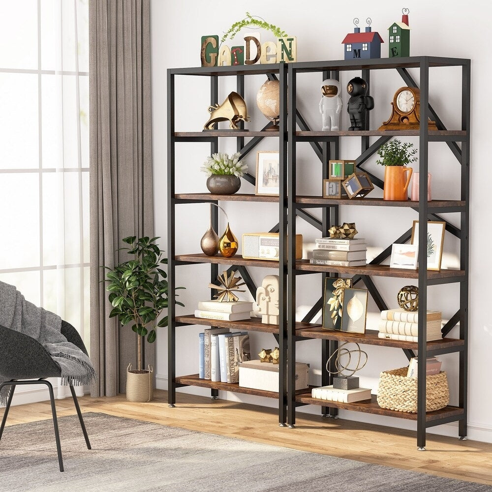 71 Industrial Bookshelf, 6 Tier Rustic Brown Wood Etagere Bookcase, Open Book Shelves