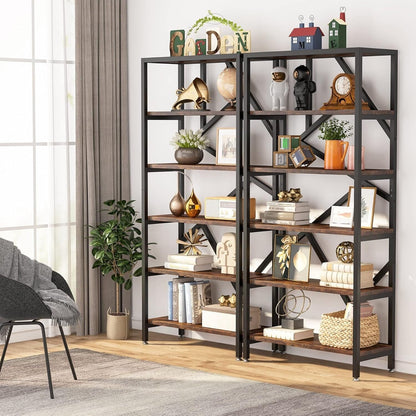71 Industrial Bookshelf, 6 Tier Rustic Brown Wood Etagere Bookcase, Open Book Shelves
