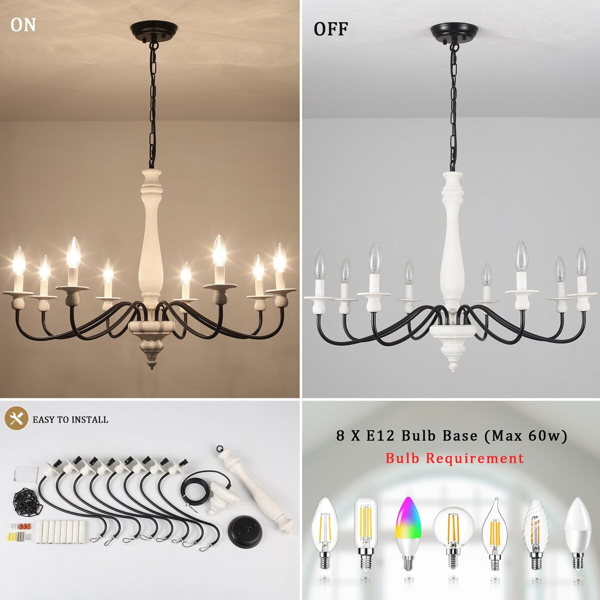 Modern Farmhouse Chandelier, 8-Light Candle Chandelier for Living Room Kitchen Island Dining Foyer - W31.1x H20.66