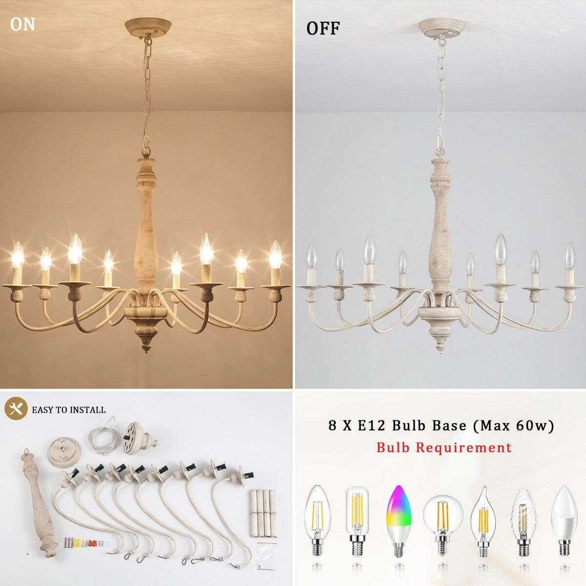 Modern Farmhouse Chandelier, 8-Light Candle Chandelier for Living Room Kitchen Island Dining Foyer - W31.1x H20.66