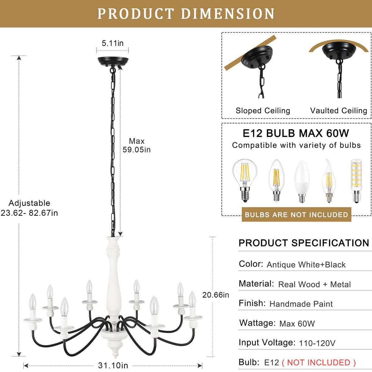 Modern Farmhouse Chandelier, 8-Light Candle Chandelier for Living Room Kitchen Island Dining Foyer - W31.1x H20.66