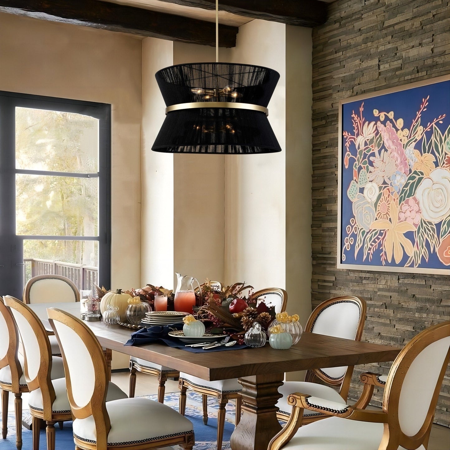 8-Light Modern Boho Large Drum Chandelier 24 inch Fabric Hourglass Hand-woven Chandelier in Gold/ Black for Dining/ Living Room