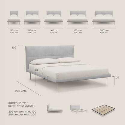 Akiko letto imbottito con piedi alti in metallo in tessuto impermeabile T02 beige 