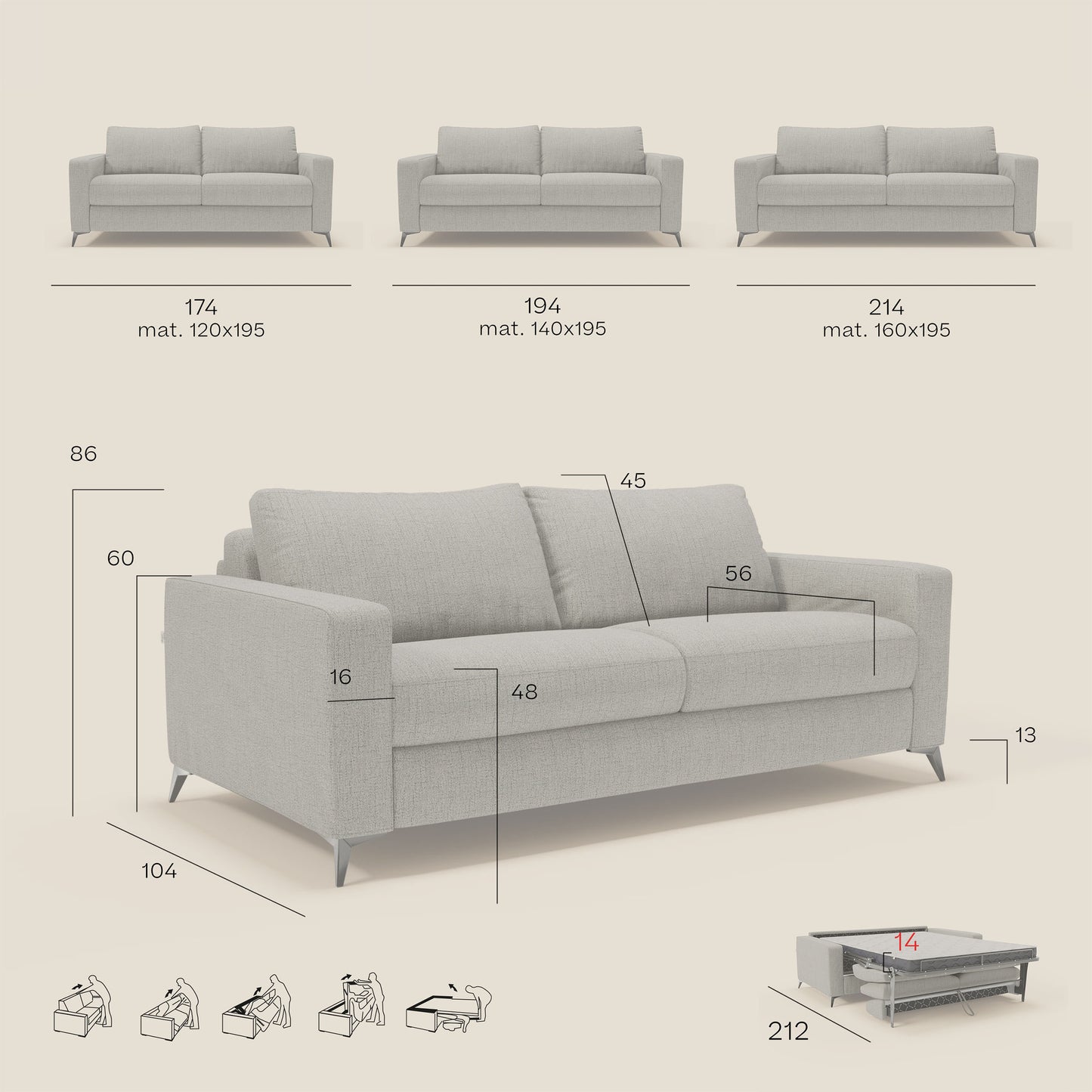 Alaya Divano letto matrimoniale dai morbidi cuscini in tessuto impermeabile T03 beige