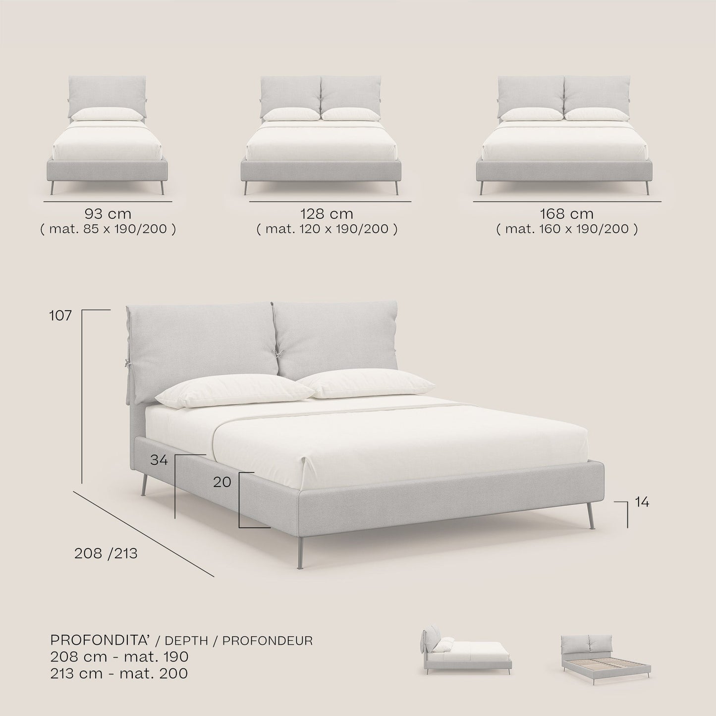 Artemisia letto imbottito con piedini alti sfoderabile in tessuto smacchiabile T17 beige 