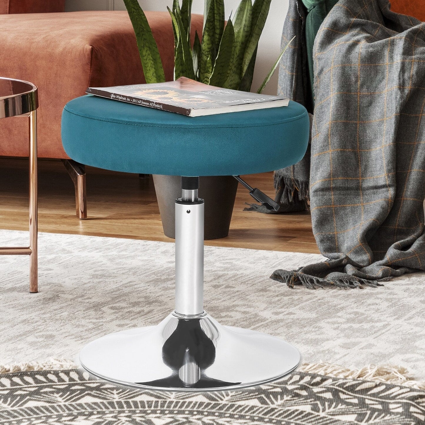 Adeco Adjustable Velvet Round Ottoman Swivel Vanity Stool Makeup Chair