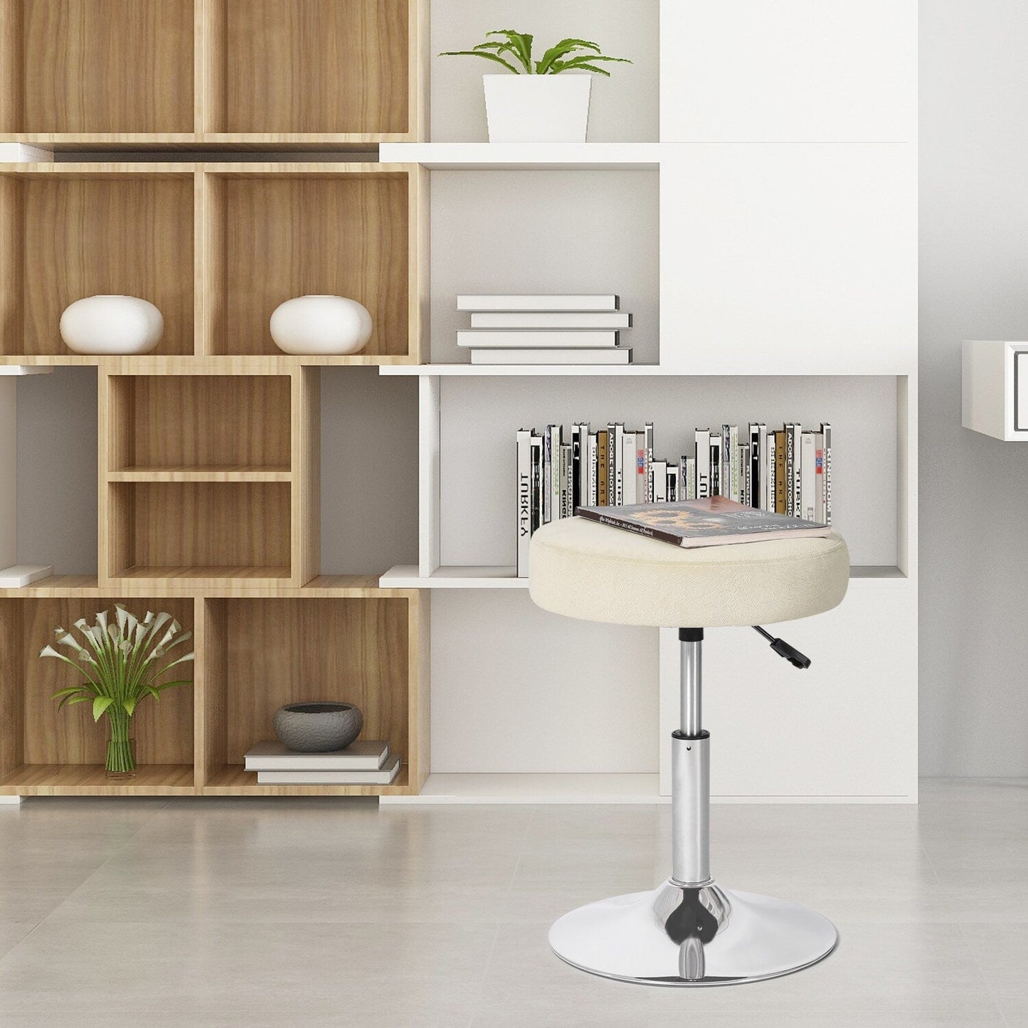 Adeco Adjustable Velvet Round Ottoman Swivel Vanity Stool Makeup Chair