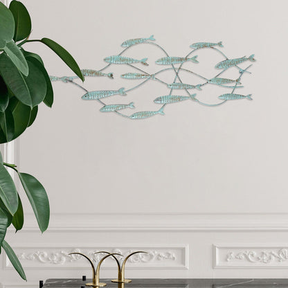 Adeco Decorative Distressed Blue Iron School of Fish Wall Decor