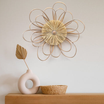 Adeco Wooden Farmhouse Flower Hand Knitted Raffia Straw Wall Decor