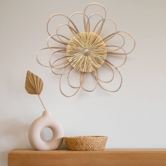 Adeco Wooden Farmhouse Flower Hand Knitted Raffia Straw Wall Decor