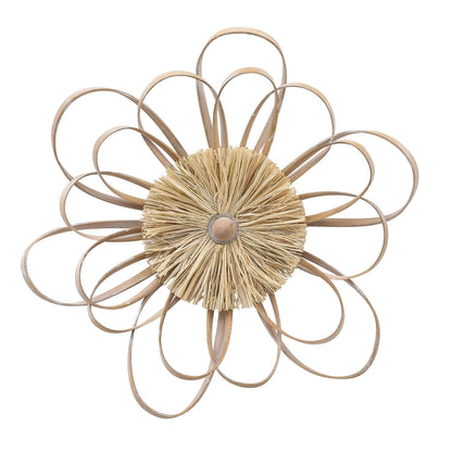 Adeco Wooden Farmhouse Flower Hand Knitted Raffia Straw Wall Decor