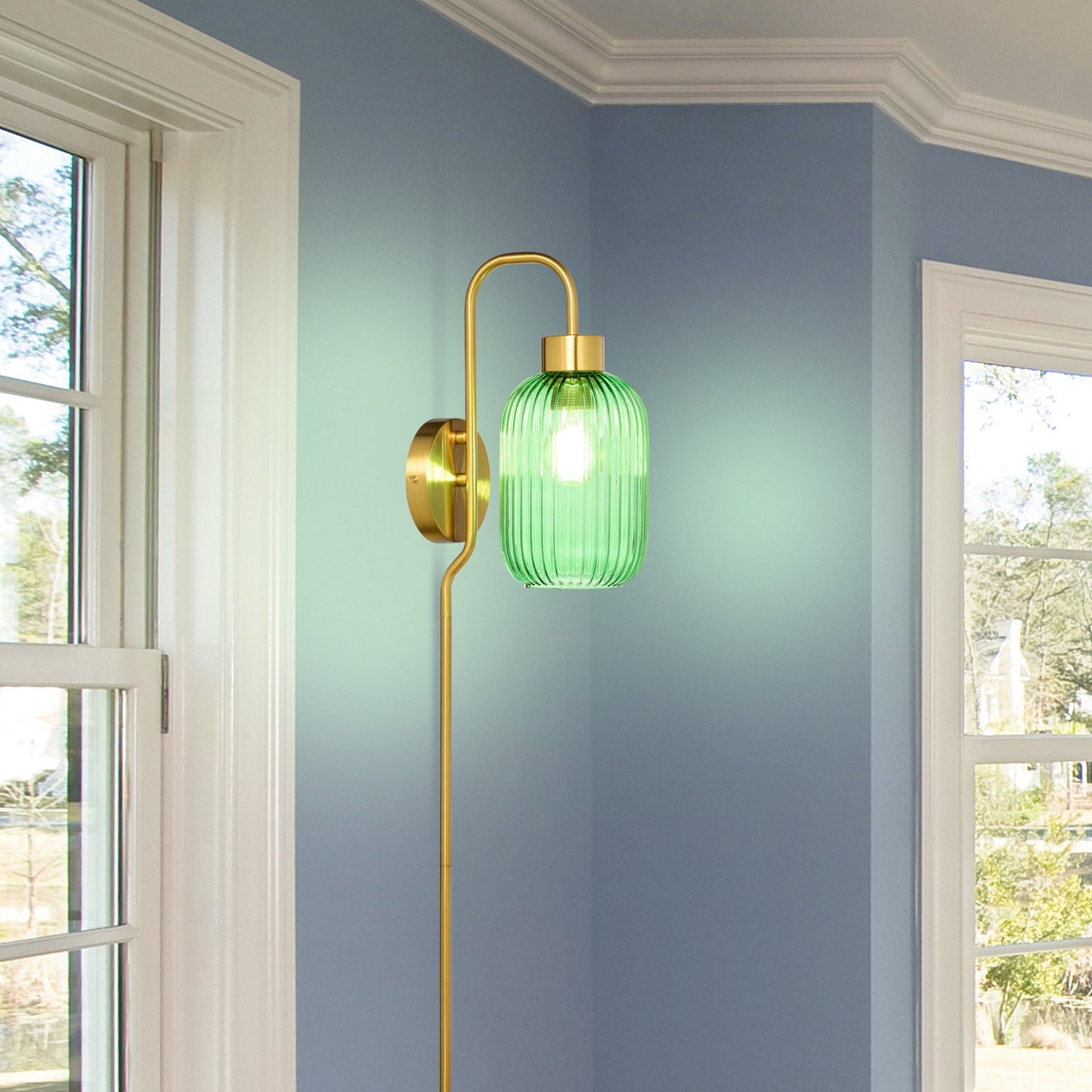 Adrienne River of Goods Green Glass and Metal Retro Wall Sconce - 5.375 x 8.625 x 32.25