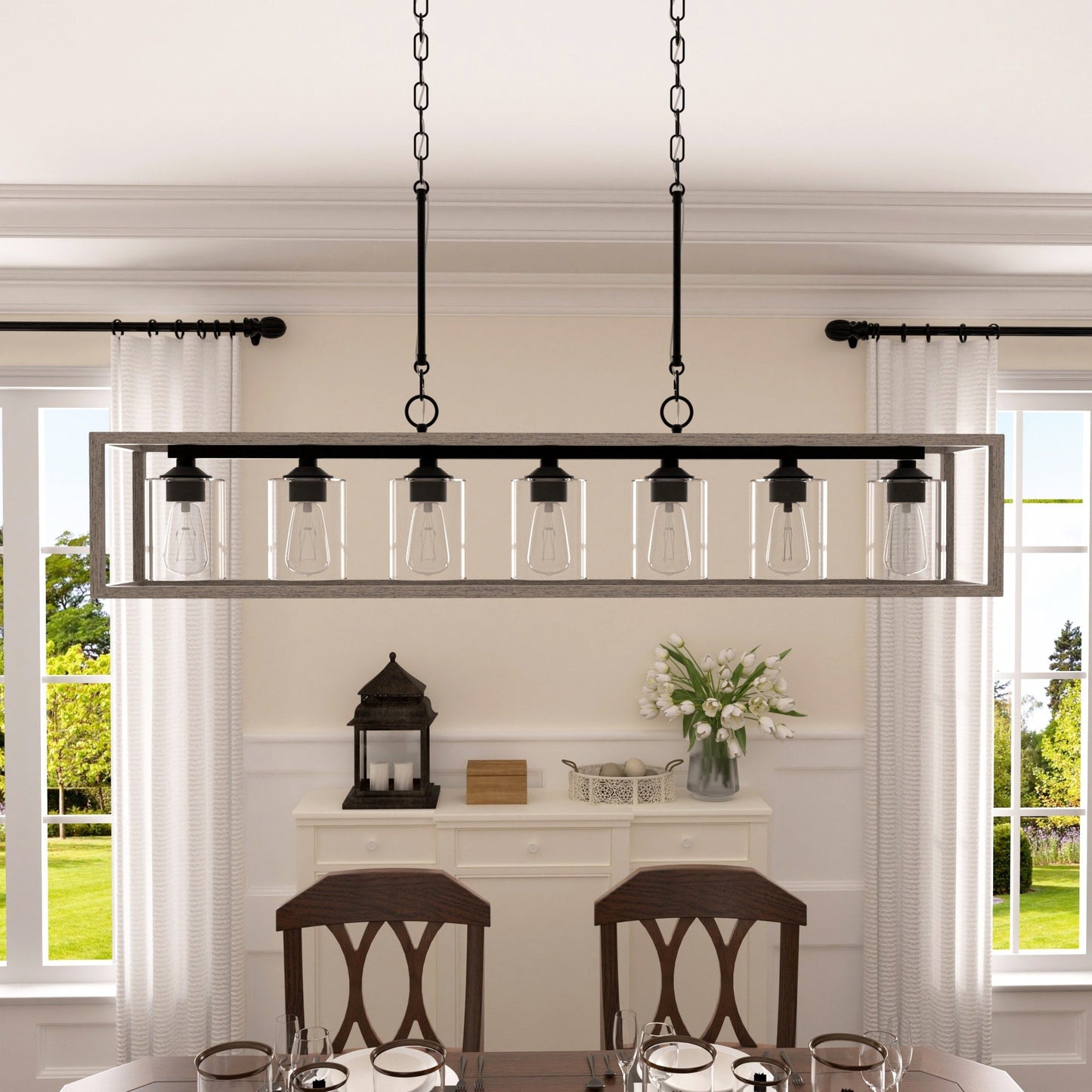 Allegray 52in Farmhouse 7-light Linear Chandelier Rectangle Kitchen Island Pendant