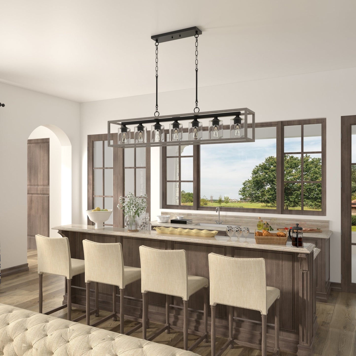 Allegray 52in Farmhouse 7-light Linear Chandelier Rectangle Kitchen Island Pendant