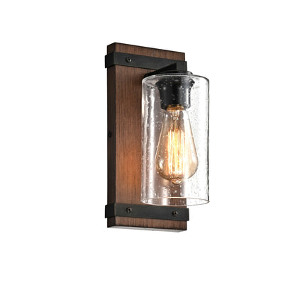 Anastasia Antique Black Metal and Natural Wood Base Glass Wall Sconce