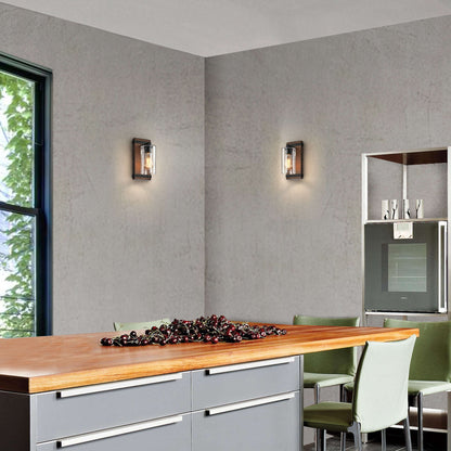 Anastasia Antique Black Metal and Natural Wood Base Glass Wall Sconce