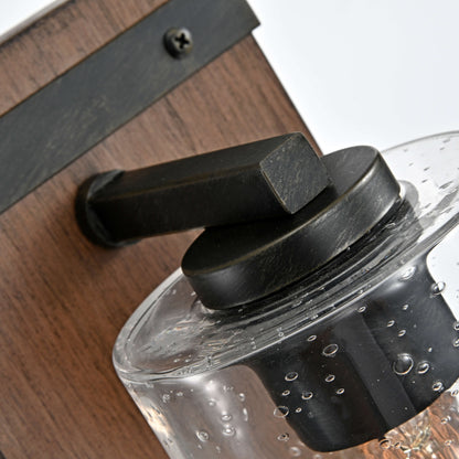 Anastasia Antique Black Metal and Natural Wood Base Glass Wall Sconce