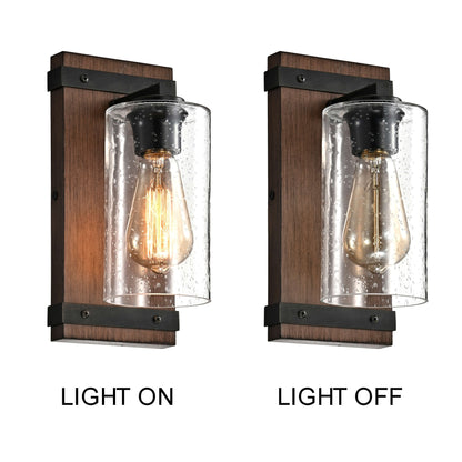 Anastasia Antique Black Metal and Natural Wood Base Glass Wall Sconce