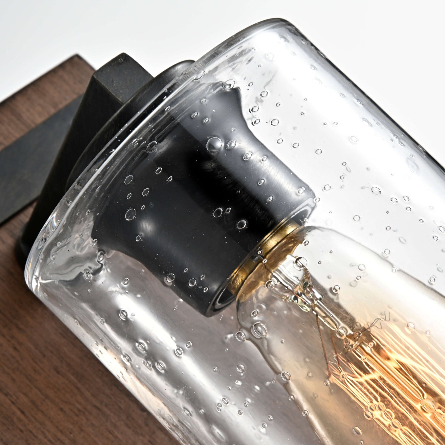 Anastasia Antique Black Metal and Natural Wood Base Glass Wall Sconce