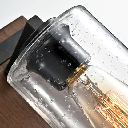 Anastasia Antique Black Metal and Natural Wood Base Glass Wall Sconce