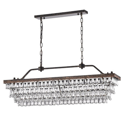 Antique Bronze 6-Light Rectangular Kitchen Island Lighting with Crystal Hanging - Antique Bronze
