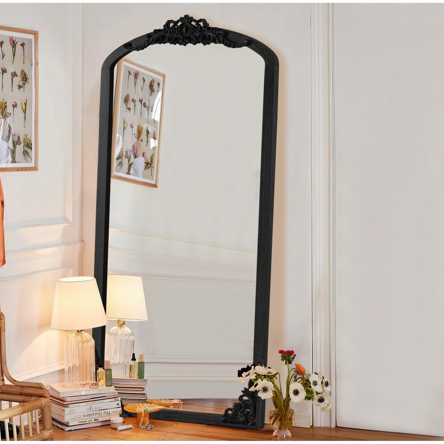 Arched Full-Length Solid Wood Carving Floor Mirror