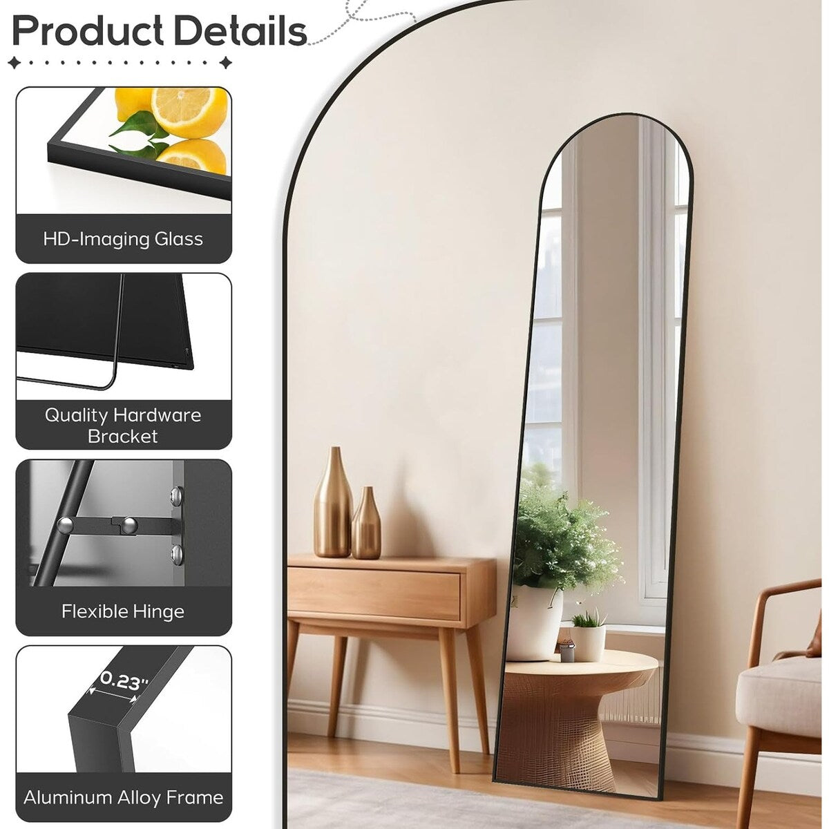 Arched Mirror Full Length, 16x59 Body Wall Mirrors, Floor Standing,Tall Arch Mirror with Stand Aluminum Alloy Frame