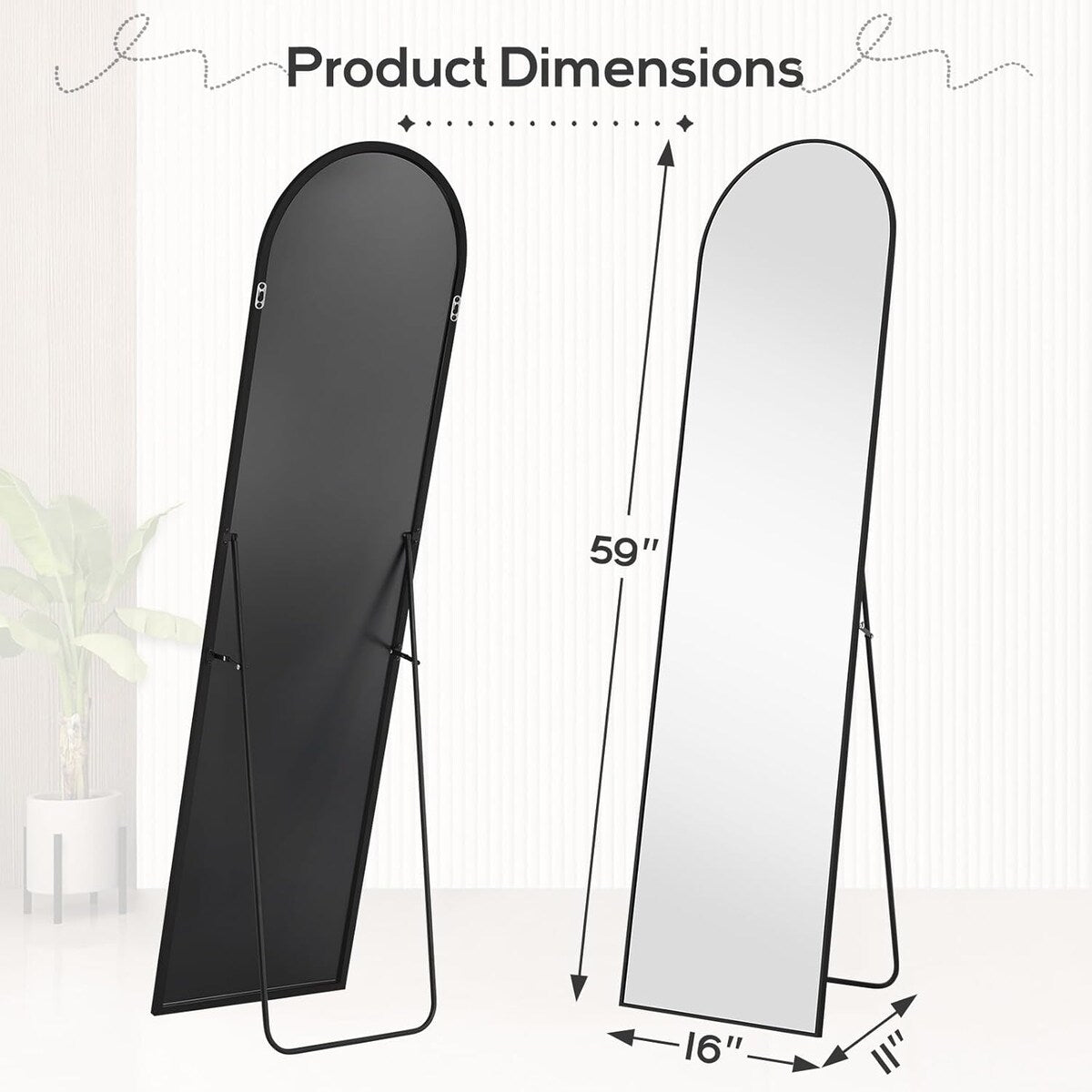 Arched Mirror Full Length, 16x59 Body Wall Mirrors, Floor Standing,Tall Arch Mirror with Stand Aluminum Alloy Frame