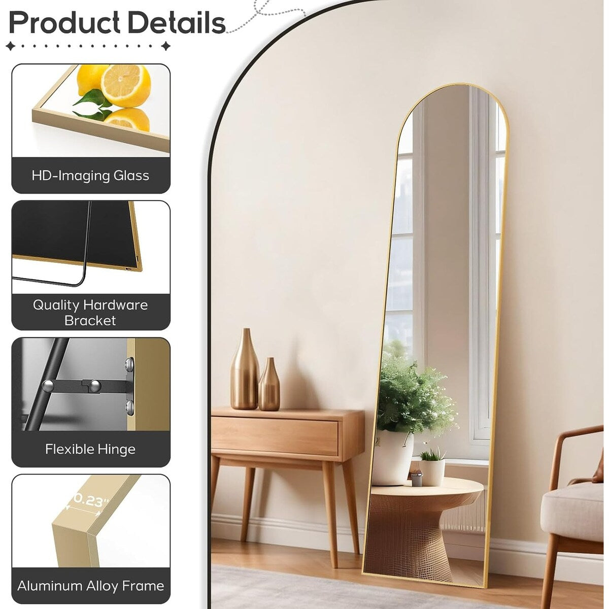 Arched Mirror Full Length, 16x59 Body Wall Mirrors, Floor Standing,Tall Arch Mirror with Stand Aluminum Alloy Frame