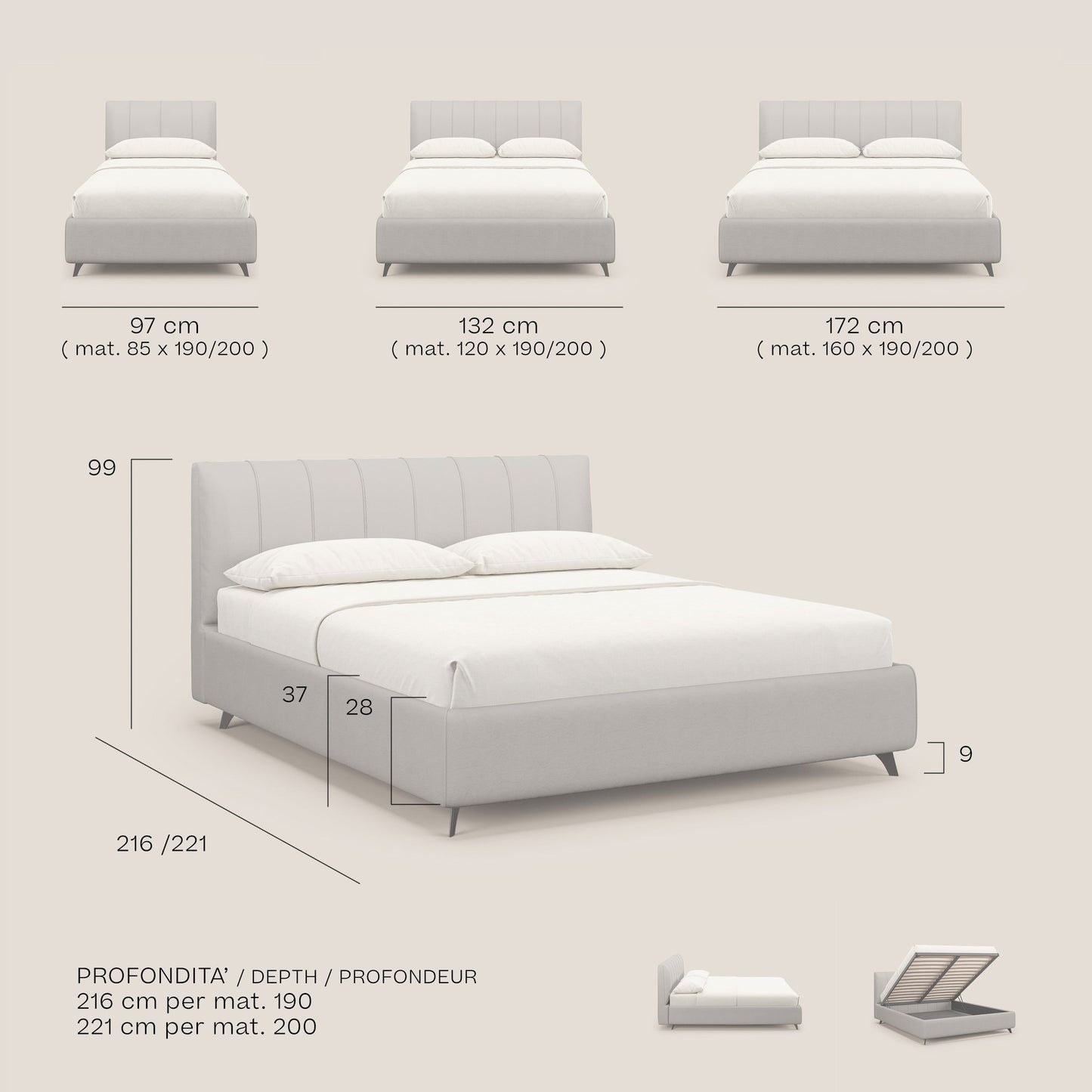 Bogart letto imbottito contenitore completamente sfoderabile in microfibra smacchiabile T11 marrone 