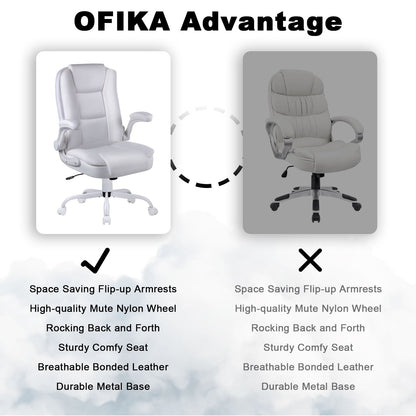 BOSSIN Big and Tall Office Chair Ergonomic High Back Computer Adjustable Height Leather Executive Chair with Padded Flip-up Arms