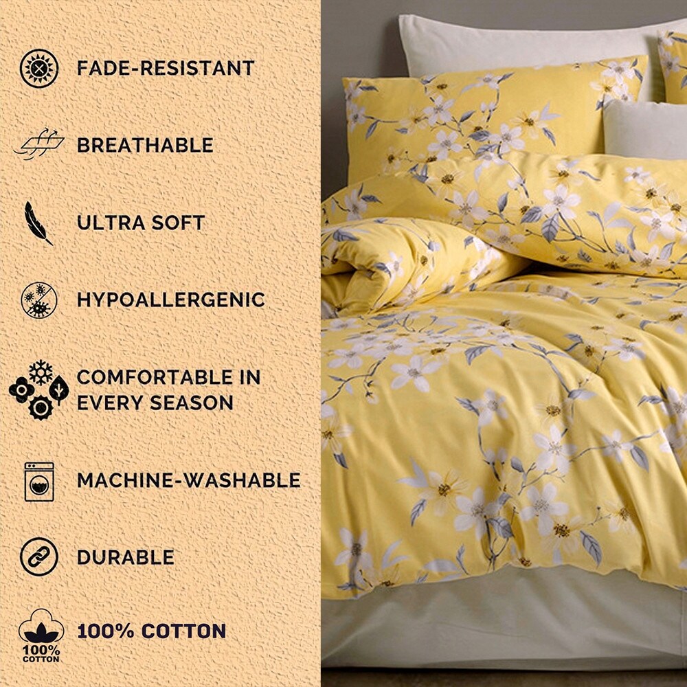 Bahar Cherry Blossom Yellow and Grey Cotton Duvet Cover Set