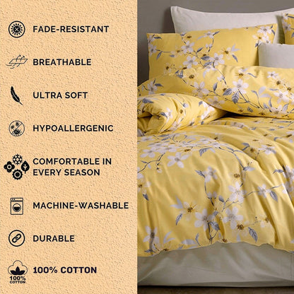 Bahar Cherry Blossom Yellow and Grey Cotton Duvet Cover Set