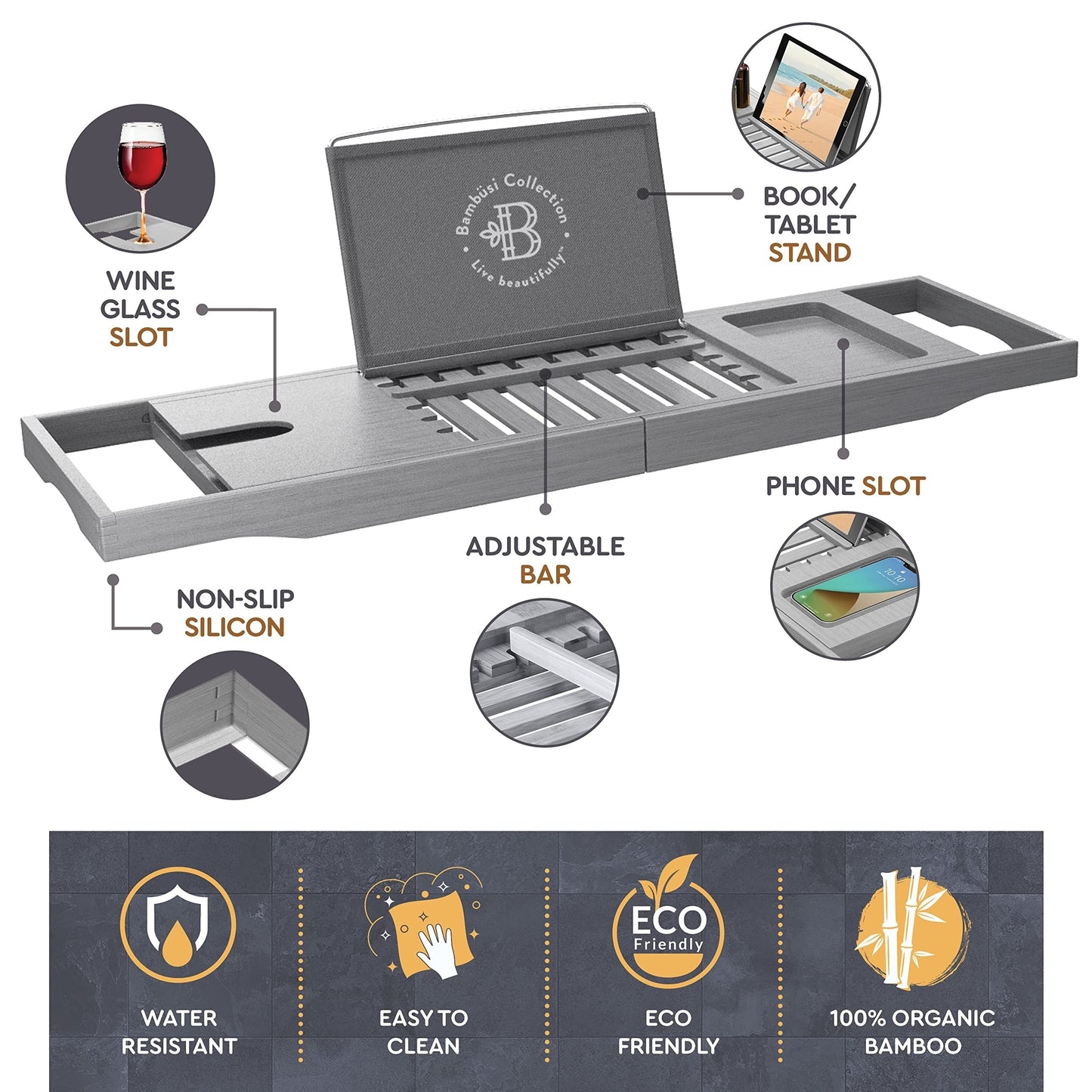 Bathtub Tray for Tub - Adjustable Bamboo Bath Tray for Tub - Collapsible Bathtub Caddy Bath Tub Tray Wood - Bath Accessories