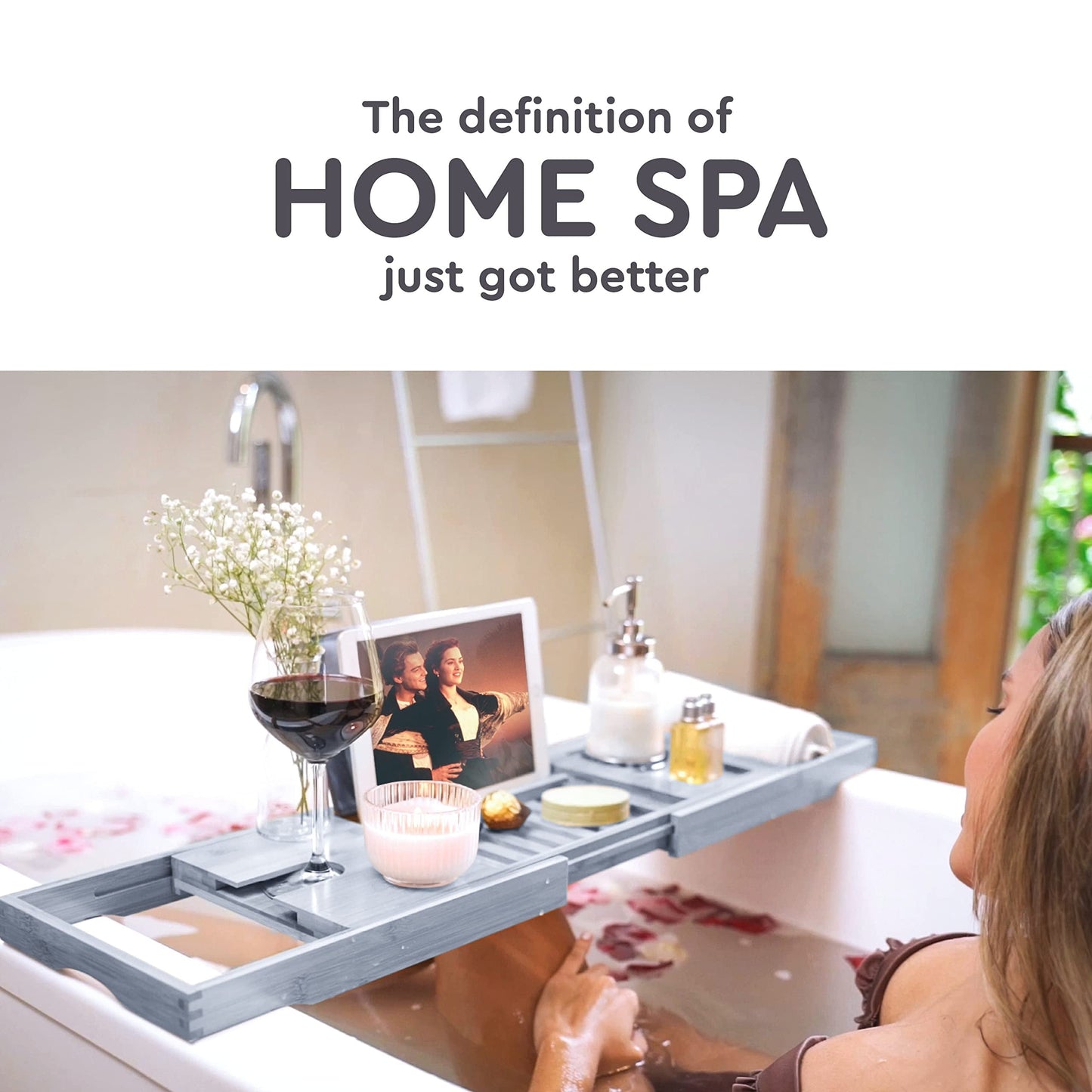 Bathtub Tray for Tub - Adjustable Bamboo Bath Tray for Tub - Collapsible Bathtub Caddy Bath Tub Tray Wood - Bath Accessories